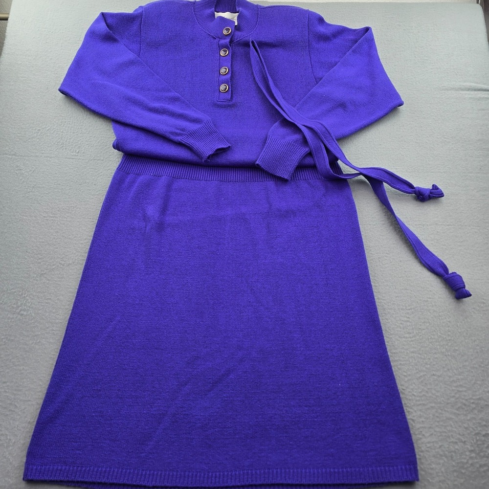 Vintage Schrader Sweater Dress Womens 12 Purple Tight Knit Ribbed Padded Belted